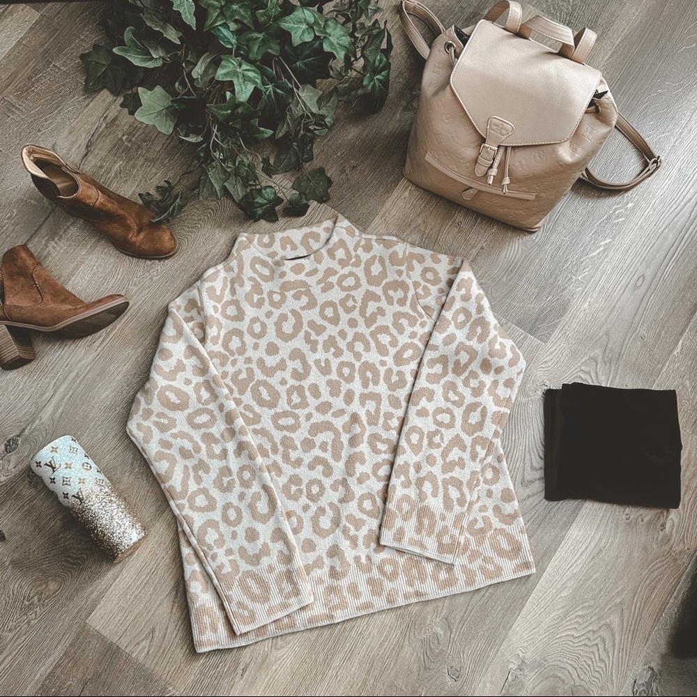 Cashmere Leopard Print Mock Neck Sweater